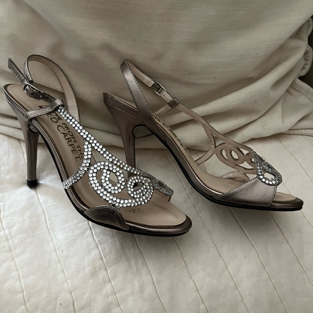 Pewter sandals heels with rhinestones